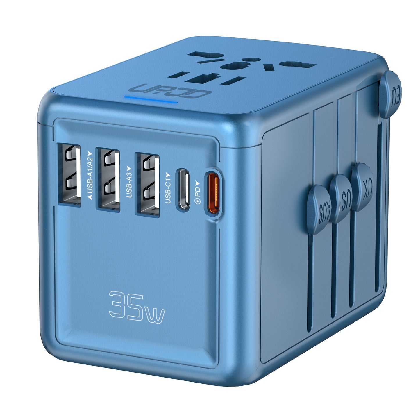 JMFONE URJD PD 35W Universal Travel Adapter Fast Charging Offers 3X2.4A USB-A Ports, 2X USB-C Ports and Multi AC Outlet, International Plug Converter Worldwide Travel Charger All in One for EU US UK AUS (Blue）