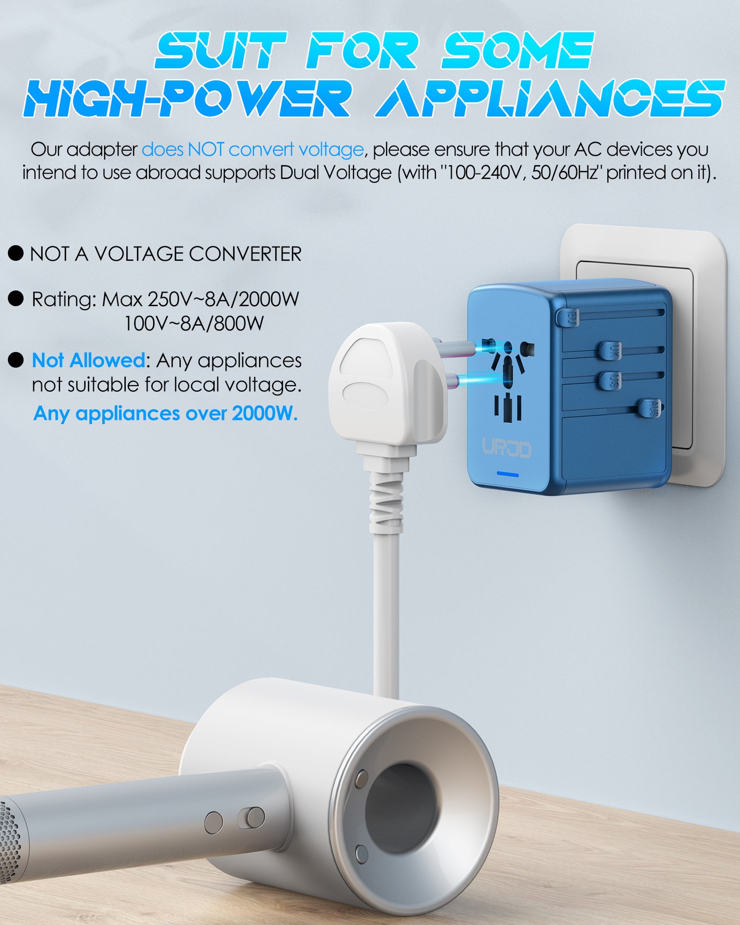 JMFONE URJD PD 35W Universal Travel Adapter Fast Charging Offers 3X2.4A USB-A Ports, 2X USB-C Ports and Multi AC Outlet, International Plug Converter Worldwide Travel Charger All in One for EU US UK AUS (Blue）