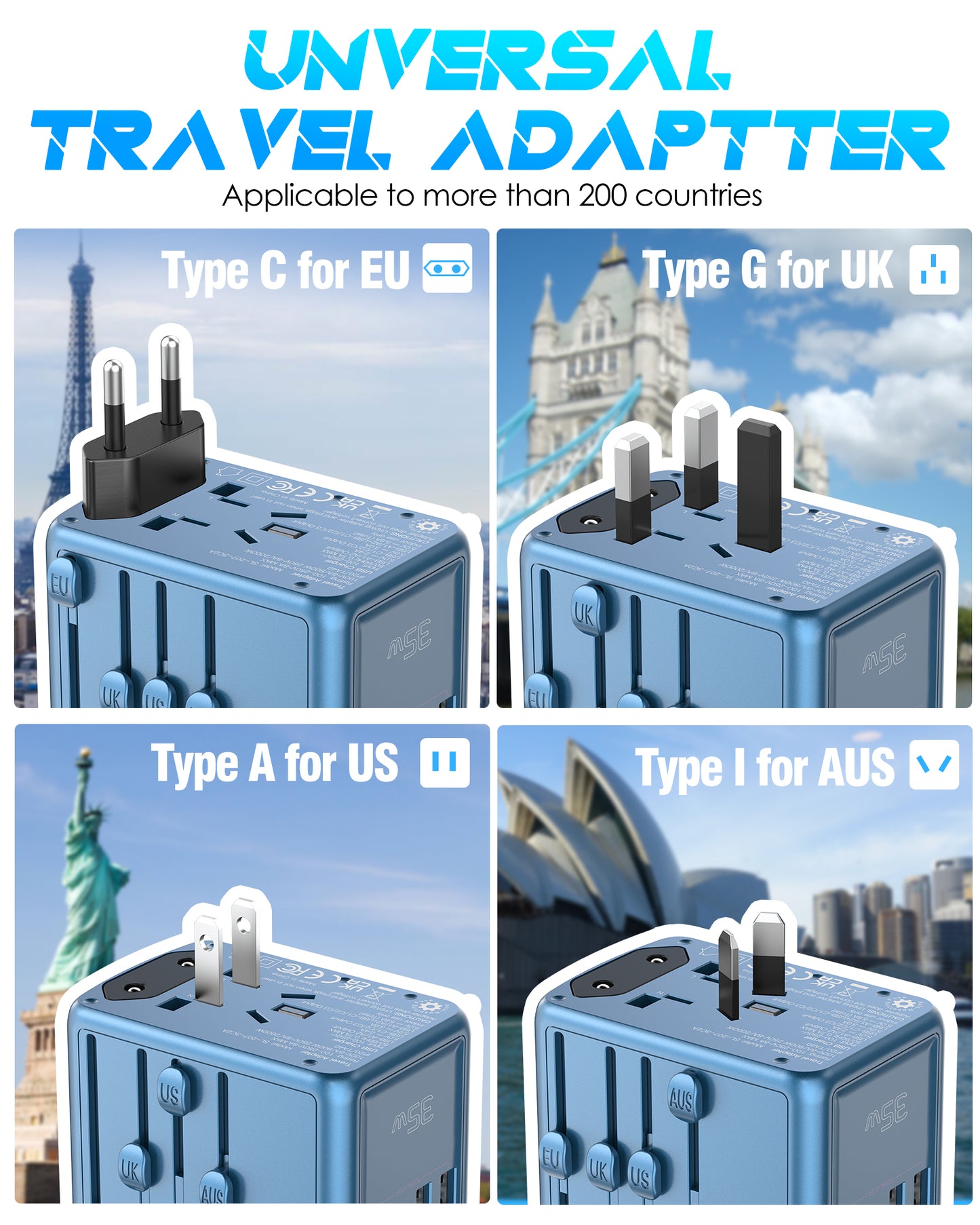 JMFONE URJD PD 35W Universal Travel Adapter Fast Charging Offers 3X2.4A USB-A Ports, 2X USB-C Ports and Multi AC Outlet, International Plug Converter Worldwide Travel Charger All in One for EU US UK AUS (Blue）