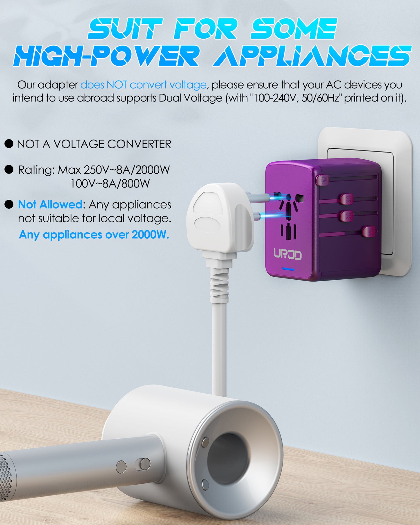 JMFONE-URJD Universal Travel Adapter Offers 5.8A 3X 3.0A USB-C Ports, 2X 2.4A USB-A Ports and Multi AC Outlet, All-in-One International Power Plug Adaptor Worldwide Charger for EU US UK AU 200+ Countries（Purple）