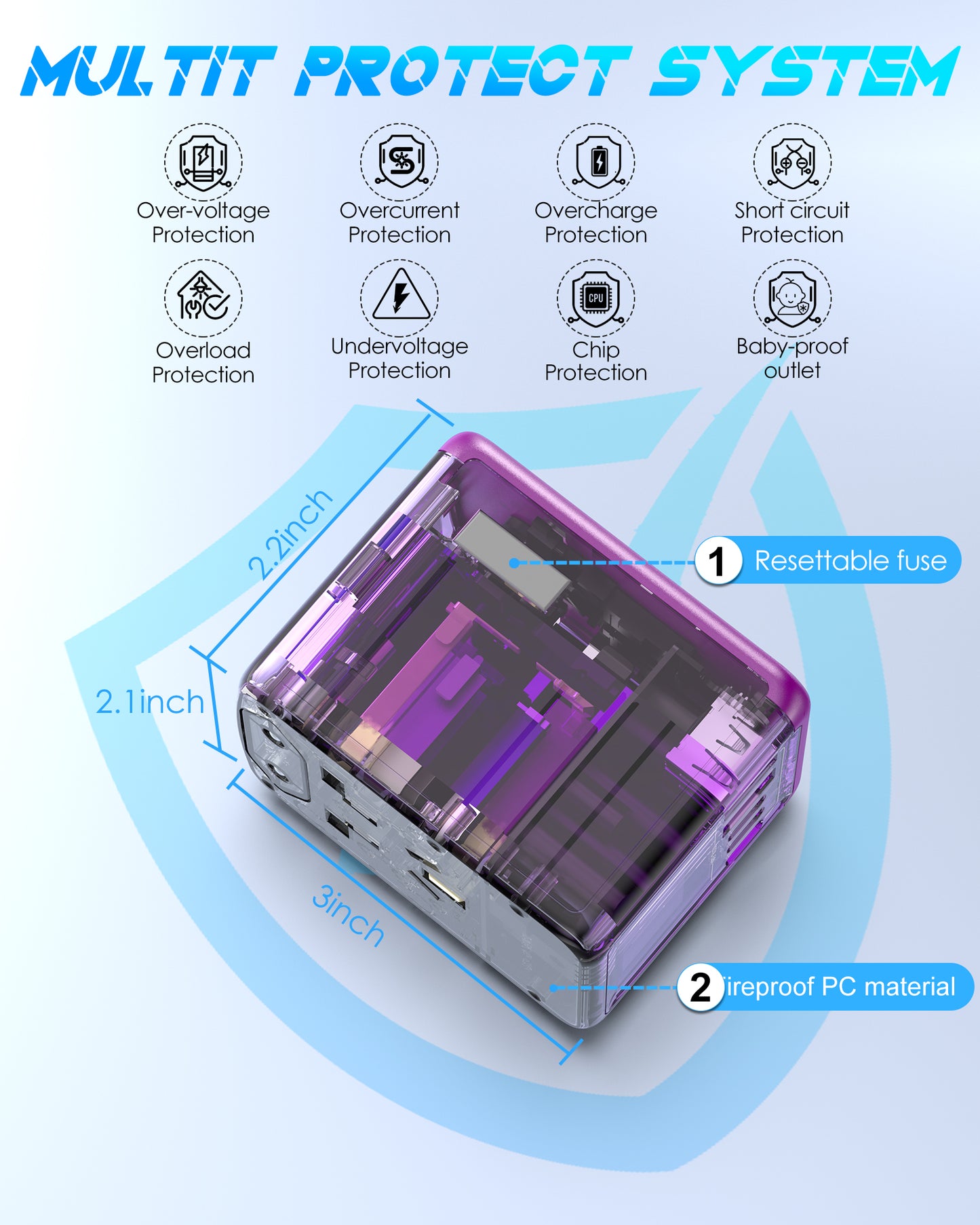 JMFONE-URJD Universal Travel Adapter Offers 5.8A 3X 3.0A USB-C Ports, 2X 2.4A USB-A Ports and Multi AC Outlet, All-in-One International Power Plug Adaptor Worldwide Charger for EU US UK AU 200+ Countries（Purple）