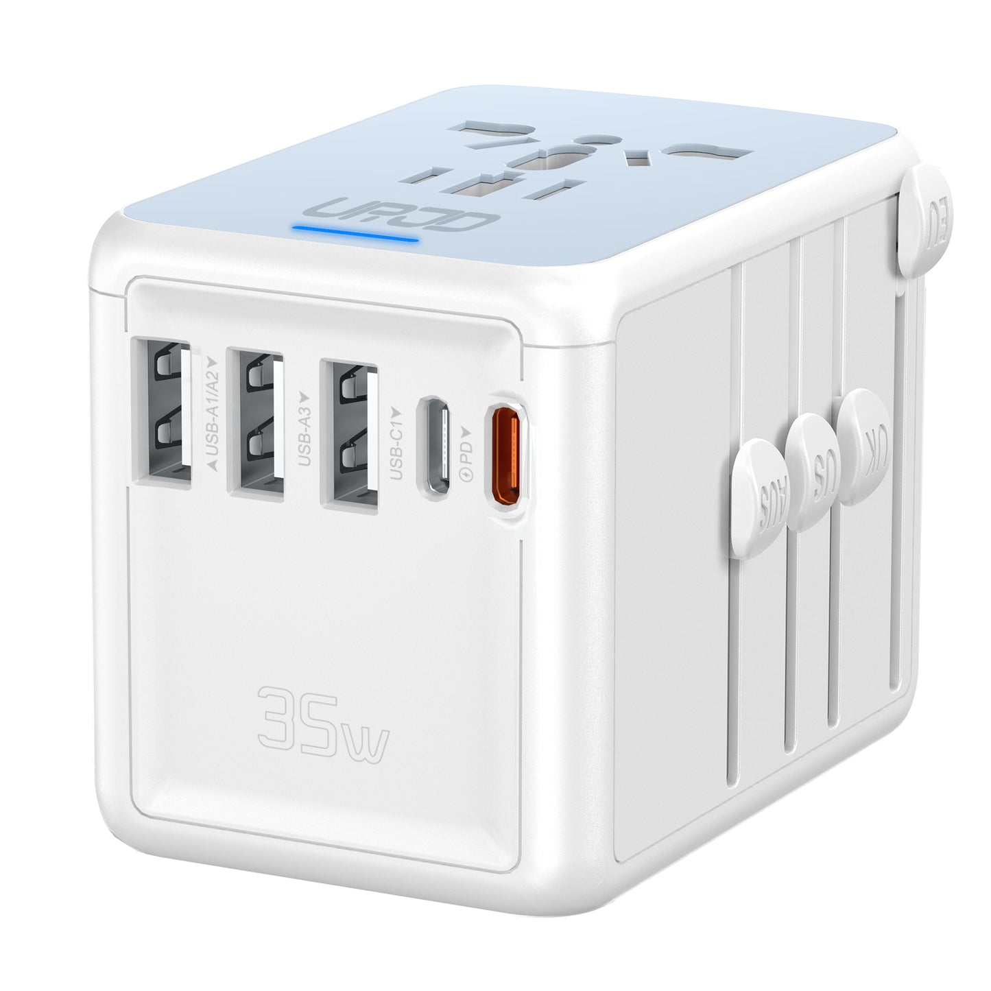 JMFONE URJD PD 35W Universal Travel Adapter Fast Charging Offers 3X2.4A USB-A Ports, 2X USB-C Ports and Multi AC Outlet, International Plug Converter Worldwide Travel Charger All in One for EU US UK AUS（White）