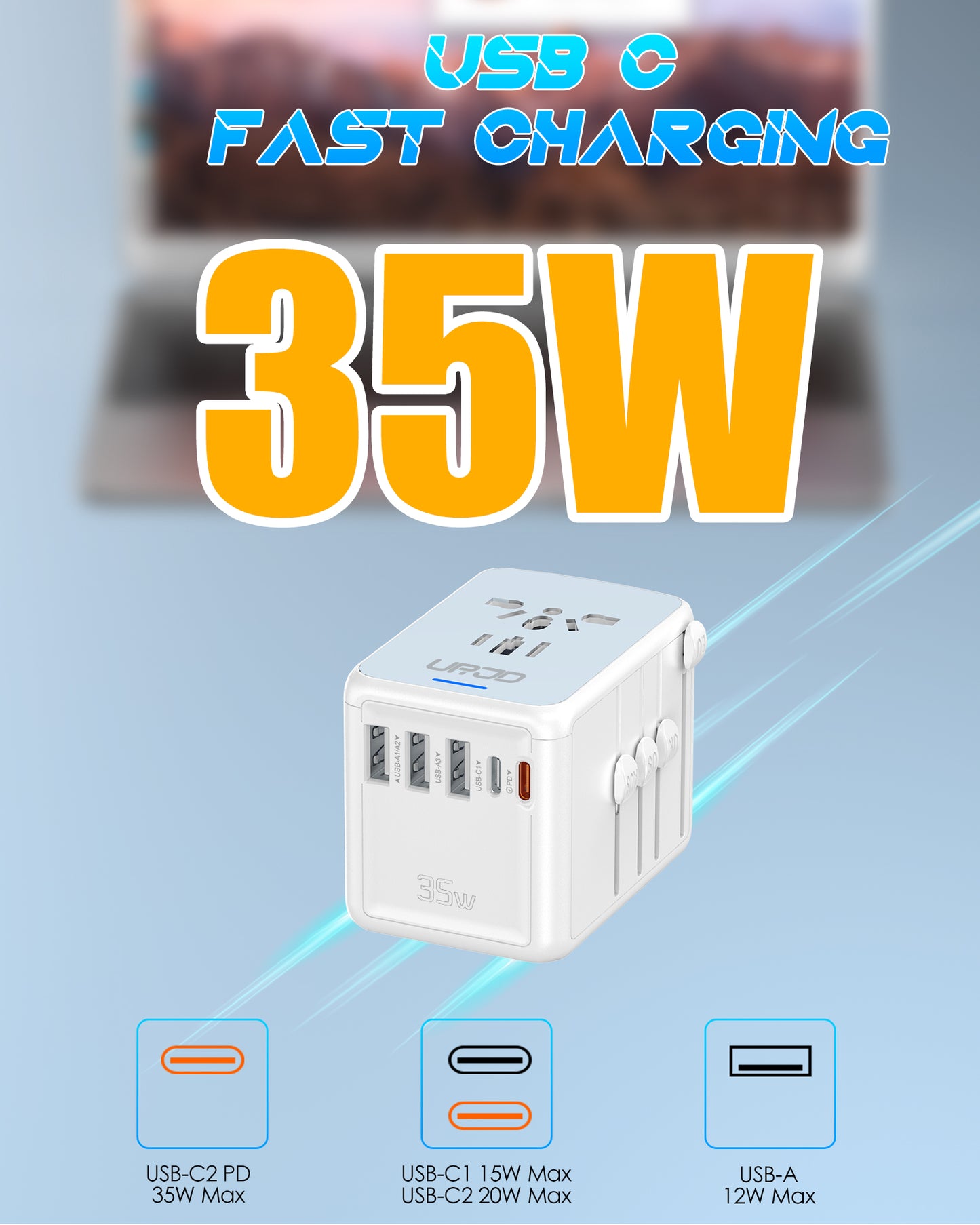 JMFONE URJD PD 35W Universal Travel Adapter Fast Charging Offers 3X2.4A USB-A Ports, 2X USB-C Ports and Multi AC Outlet, International Plug Converter Worldwide Travel Charger All in One for EU US UK AUS（White）