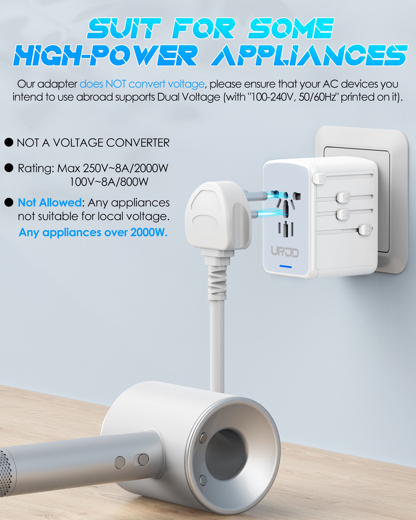 JMFONE URJD PD 35W Universal Travel Adapter Fast Charging Offers 3X2.4A USB-A Ports, 2X USB-C Ports and Multi AC Outlet, International Plug Converter Worldwide Travel Charger All in One for EU US UK AUS（White）