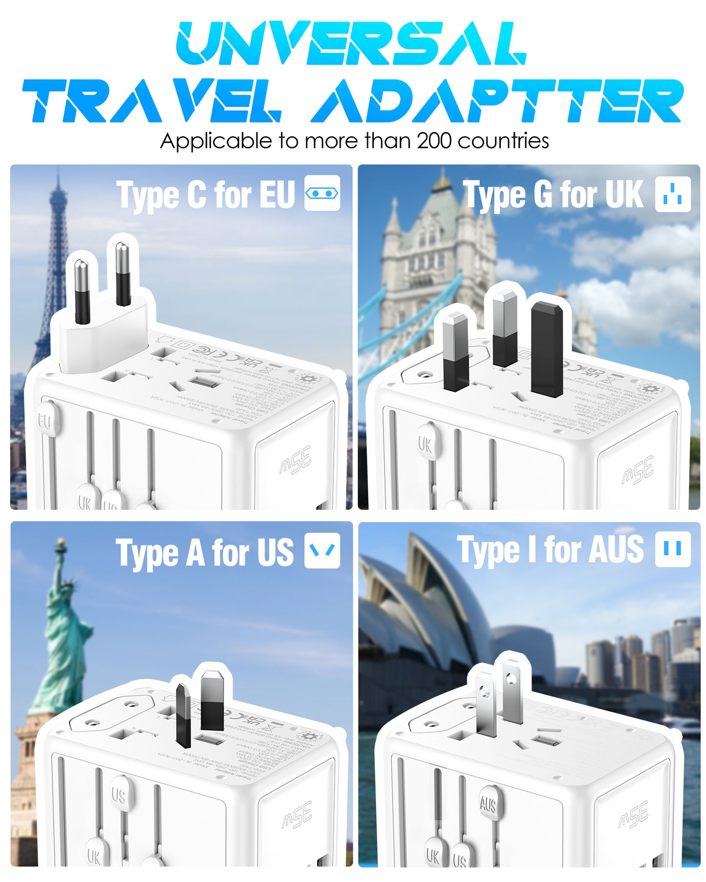 JMFONE URJD PD 35W Universal Travel Adapter Fast Charging Offers 3X2.4A USB-A Ports, 2X USB-C Ports and Multi AC Outlet, International Plug Converter Worldwide Travel Charger All in One for EU US UK AUS（White）