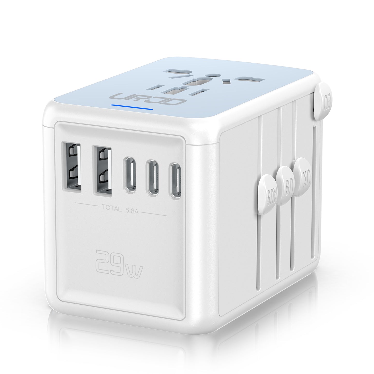 JMFONE-URJD Universal Travel Adapter Offers 5.8A 3X 3.0A USB-C Ports, 2X 2.4A USB-A Ports and Multi AC Outlet, All-in-One International Power Plug Adaptor Worldwide Charger for EU US UK AU 200+ Countries（White）