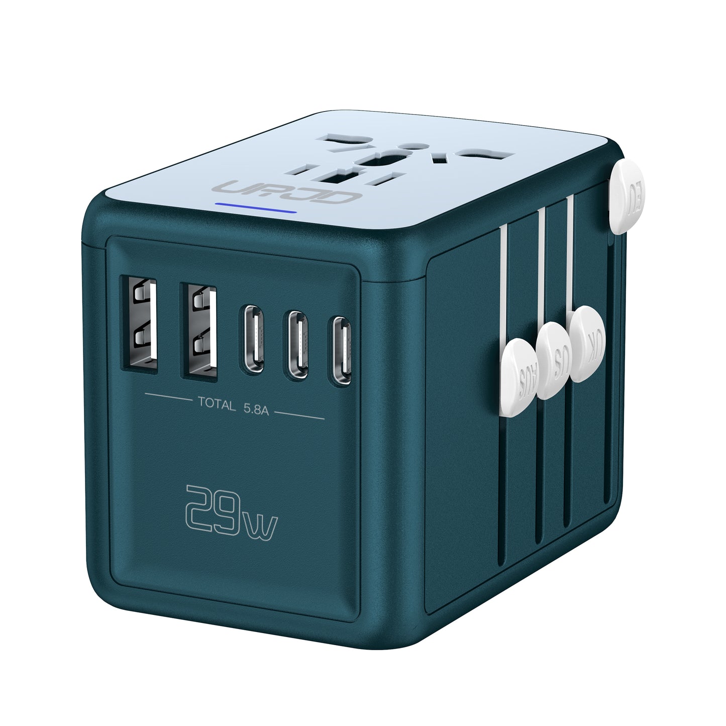 JMFONE-URJD Universal Travel Adapter Offers 5.8A 3X 3.0A USB-C Ports, 2X 2.4A USB-A Ports and Multi AC Outlet, All-in-One International Power Plug Adaptor Worldwide Charger for EU US UK AU 200+ Countries（Green）