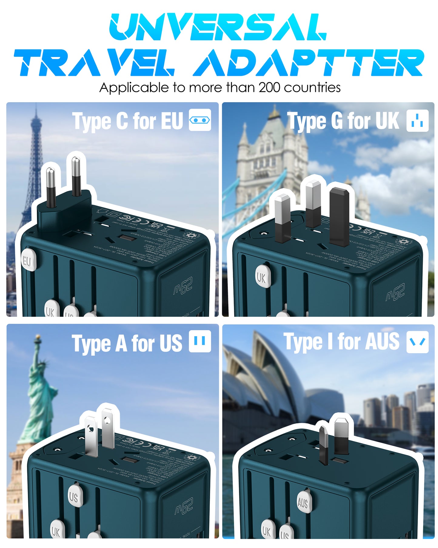 JMFONE-URJD Universal Travel Adapter Offers 5.8A 3X 3.0A USB-C Ports, 2X 2.4A USB-A Ports and Multi AC Outlet, All-in-One International Power Plug Adaptor Worldwide Charger for EU US UK AU 200+ Countries（Green）