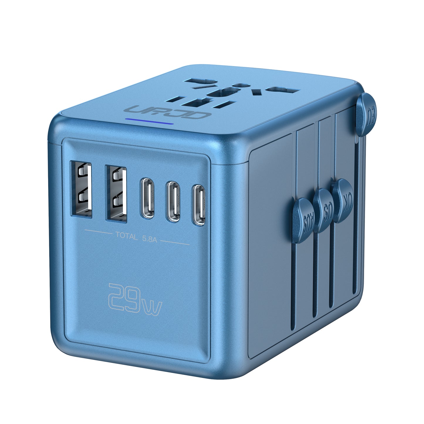 JMFONE-URJD Universal Travel Adapter Offers 5.8A 3X 3.0A USB-C Ports, 2X 2.4A USB-A Ports and Multi AC Outlet, All-in-One International Power Plug Adaptor Worldwide Charger for EU US UK AU 200+ Countries（Blue）